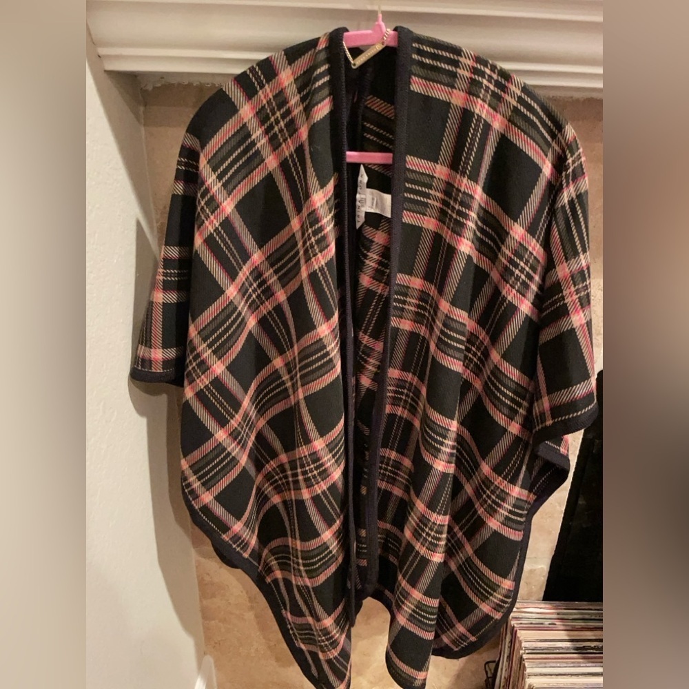 Trina Turk Plaid Black Red Orange Cape Old Money Preppy Business Career Small